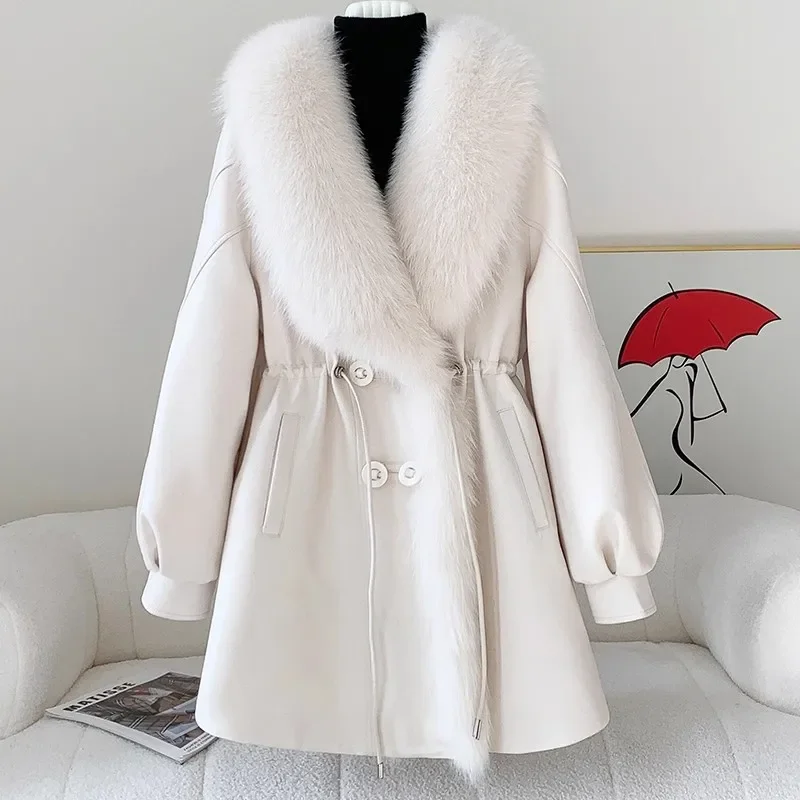 Real gola de pele de raposa ganso para baixo jaqueta 2025 inverno nova versão coreana solto temperamento para baixo casaco à prova de vento jaqueta de couro feminino