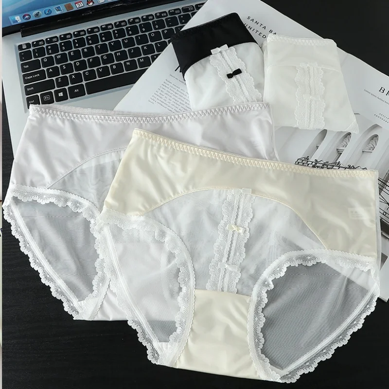 

4Pcs/lot Underwears for Women New China Style Bowknot Hollow Mesh Sheer Plus Size 6XL Breathable Girls Female Panties Set