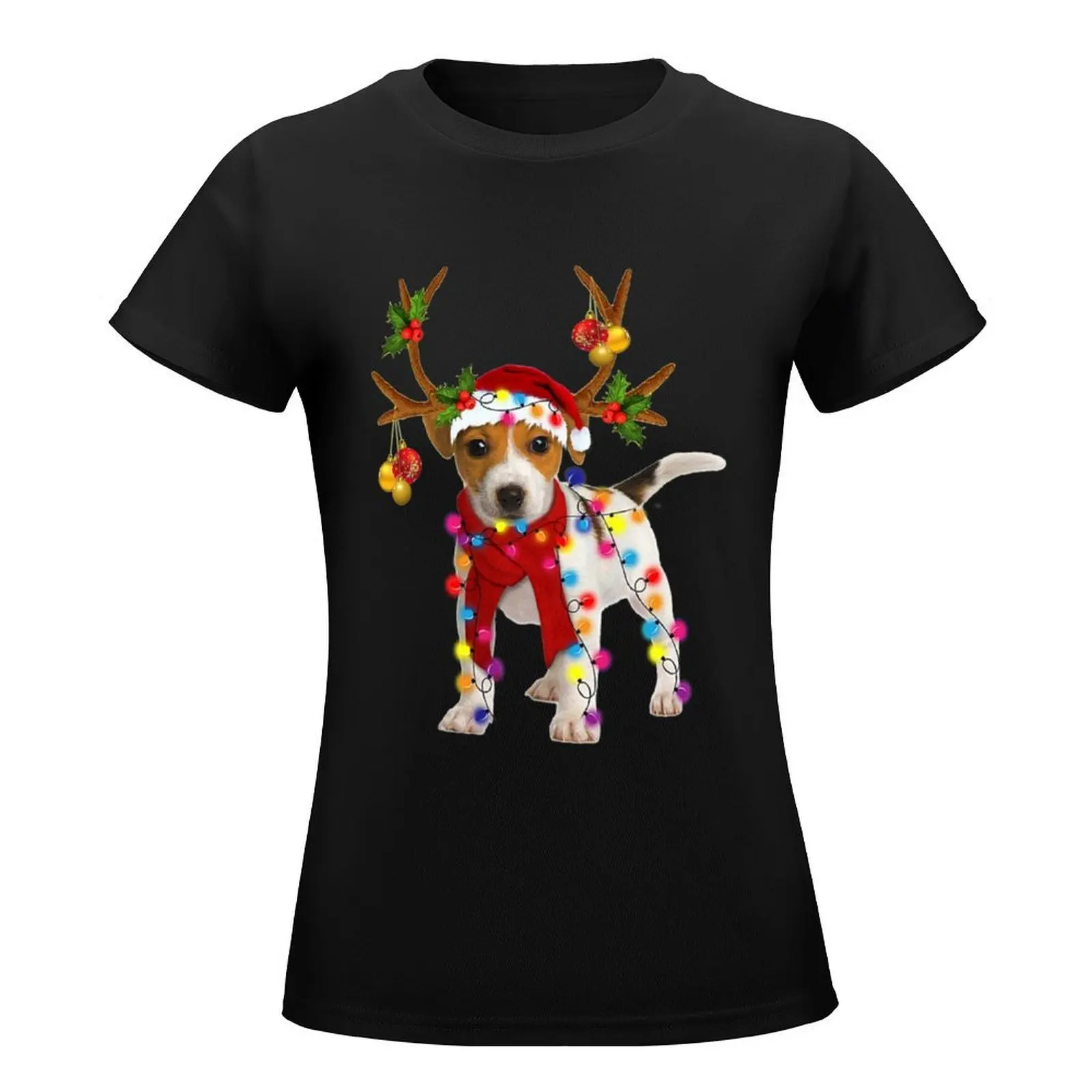 Jack russell Dog Gorgeous Reindeer Christmas Lights Tree Dog Scarf Xmas Santa Claus T-Shirt oversized graphics Woman T-shirts