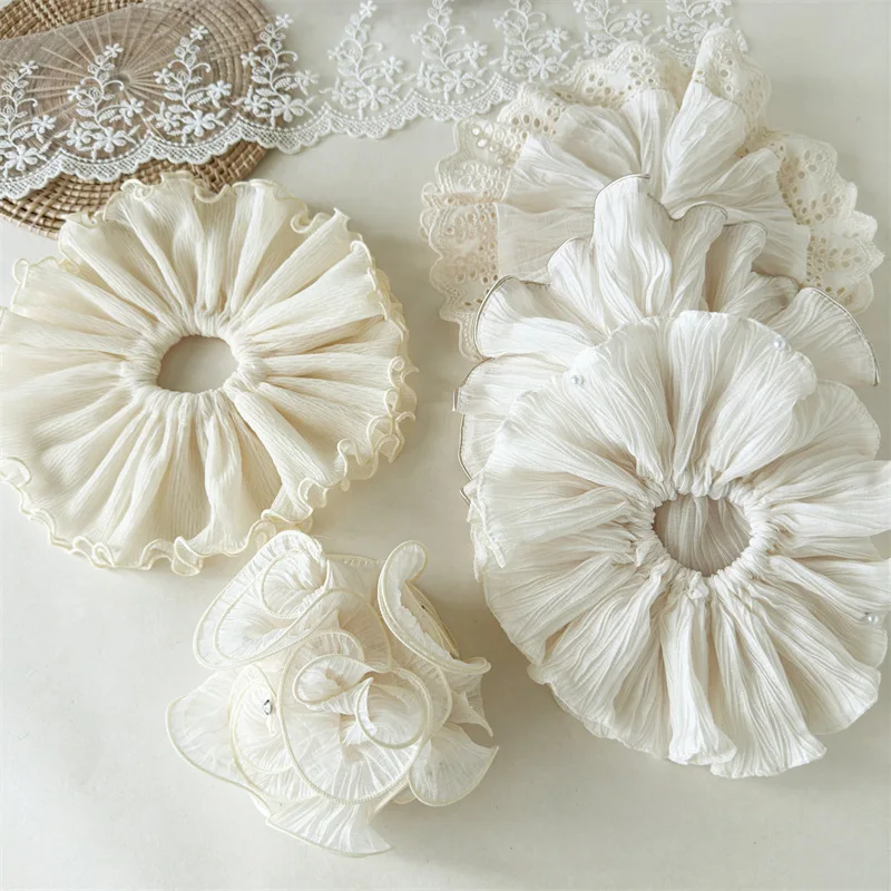 

New Fashion Exquisite beige Pleated Over Sized High Elastic Hair Rope Simple Fabric Scrunchies Hair Band Hair Accessories