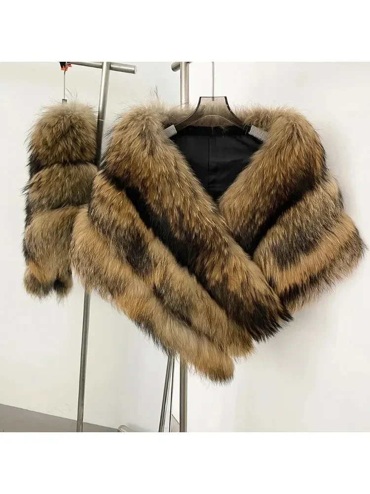 

Women Fashion Warm Real Fur Tippet Natural Raccoon Fur Shawl Woman 2025 Winter Top Clothing Female Luxury Clothes Lady