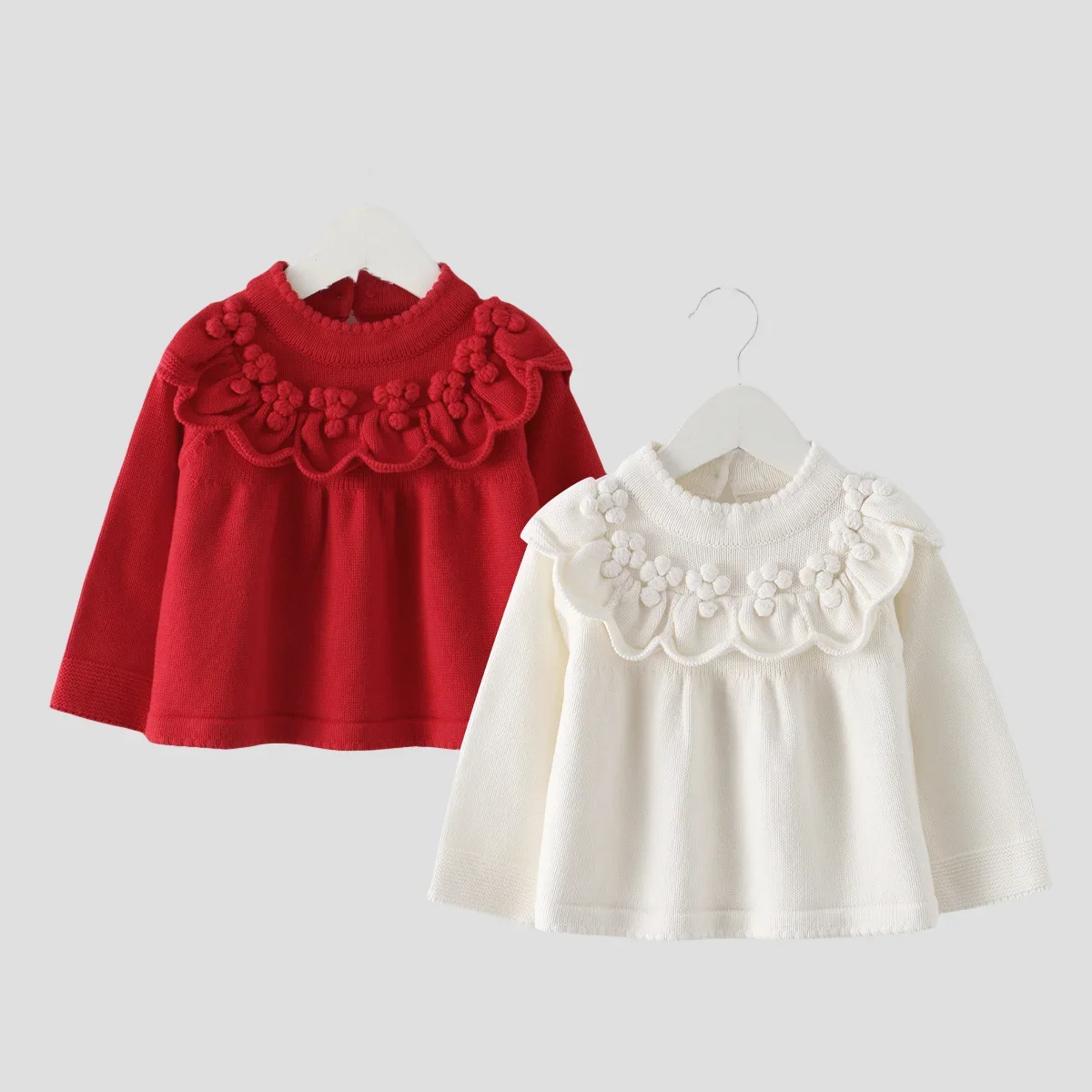 

Vintage Baby Knit Sweater with 3D Flower Ruffle Collar Red Cream Autumn Top for 0-5Y Girls Holiday & Daily Wear