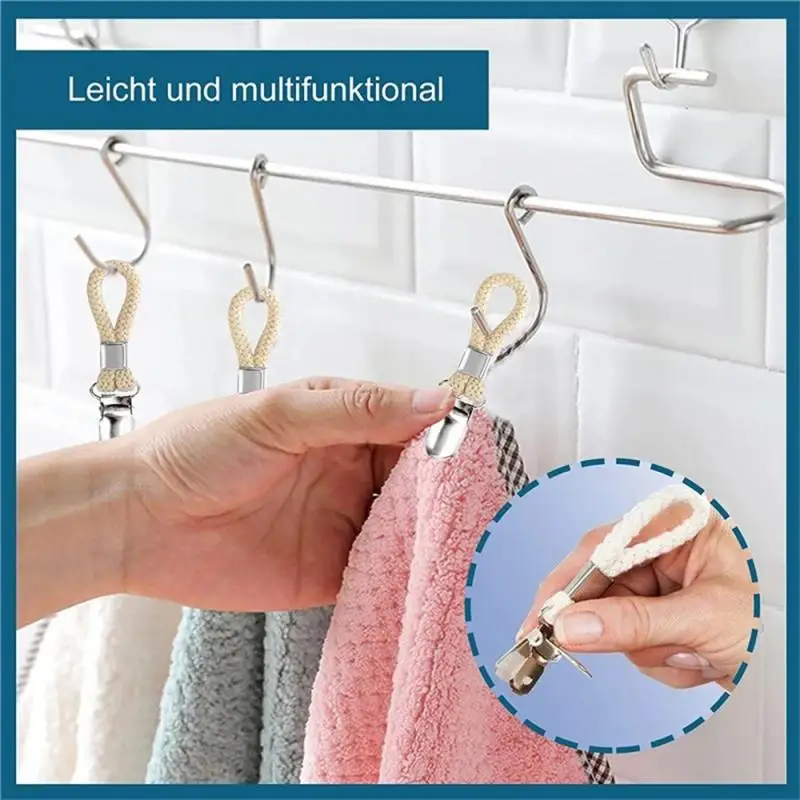 4/2PCS Clothes Pegs Towel Clips Braided Cotton Towel Clips Metal Clamp Multi Purpose Hooks Socks Clothes Clips Home Storage Clip