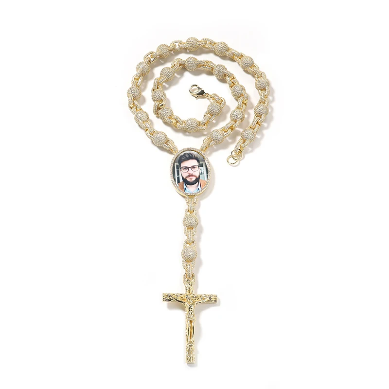 Hip Hop 5A+ CZ Stone Paved Bling Iced Out Custom Photos Beads INRI Crucifix Jesus Pendants Necklace for Men Rapper Jewelry Gifts