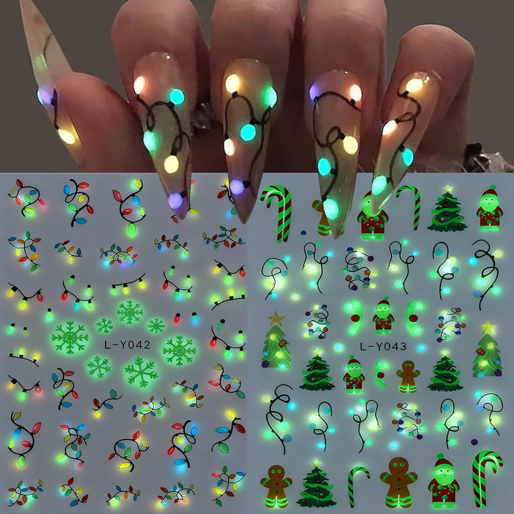 2 stücke 3D Leuchtende Weihnachten Nagel Folie Aufkleber Funkelnde Farbe Glühbirnen Schneeflocke Weihnachten Baum Nagel Abziehbilder Santa Claus Nagel decor