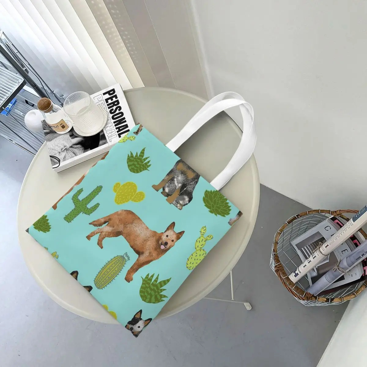 Australian Cattle Dog And Cactus  Shopping Bags Canvas The Tote Bag Foldable for Women Shoulder Tote Travel Handbag