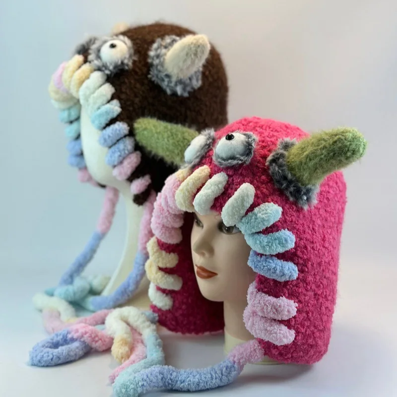 

Funny Monster Dopamine Knitted Hats for Women Furry Cute Hat Winter Beanie Cap Outdoor Warm Ear Protection Bomber Hats