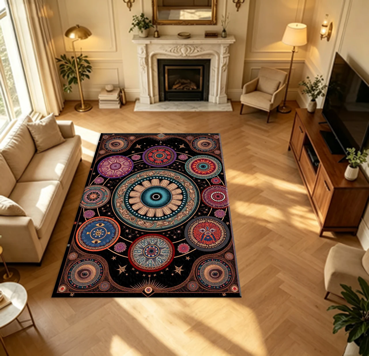Mystic Celestial Bohemian Mandala Carpet Flooring Multi‑Color Cosmic Pattern Household Indoor Art Decor Large Floor Area Rug