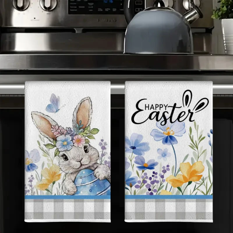 2Pcs, Easter Gray Checkered Rabbit Kitchen Towels, 40Cm*60Cm Towel Set, Best Kitchen Towels, Super Absorbent Soft Cleaning Cloth, Cooking and Baking Tea Towels, Hand Towels, Cleaning Cloths, Dishcloths, Kitchen Decoration, Living Room Decorations, Kitchen Essentials, Home Essentials