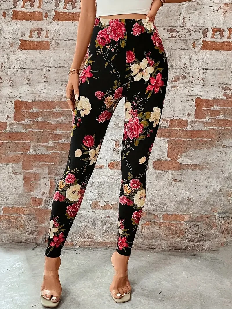 Floral print casual hip lift elastic elastic waist tight-fitting daily wear travel working women\'s leggings