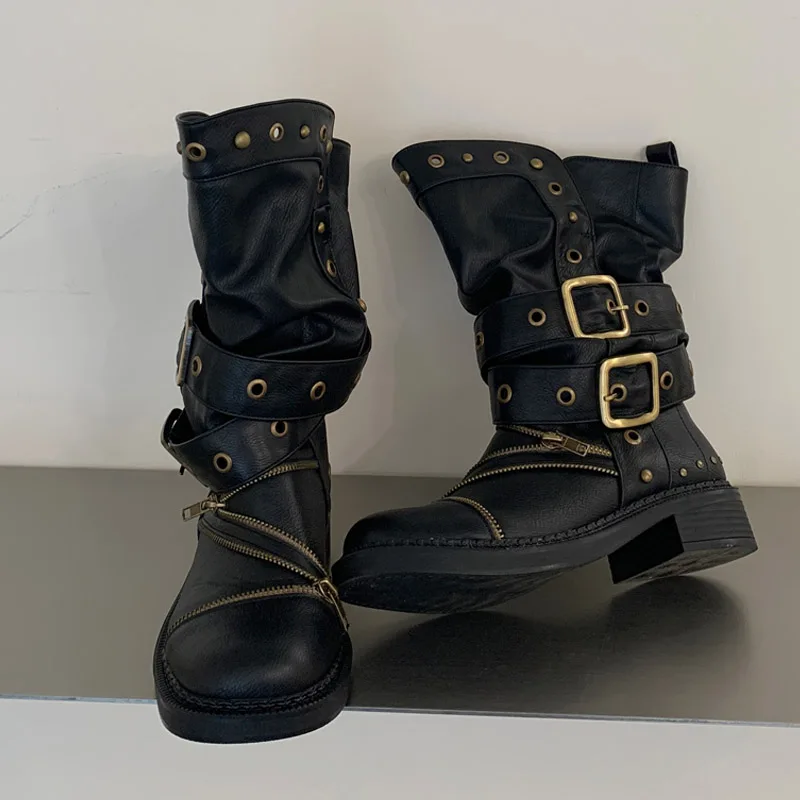 Eilyken Vintage Design Splice Color Rivet Round Toe Women Ankle Boots Punk Style Belt Buckle Square Low Heels Zipper Shoes