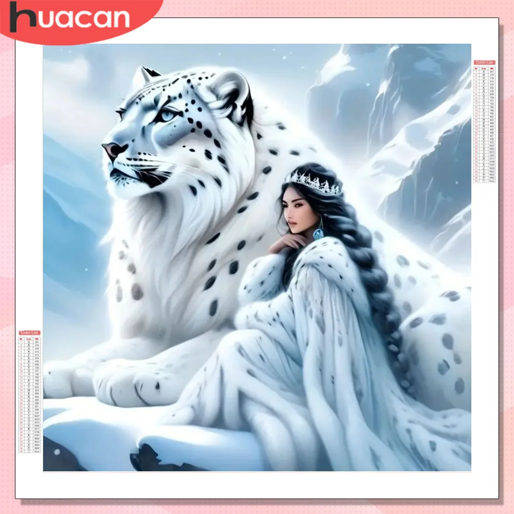 HUACAN 5D Diamant Malerei Frau Leopard Porträt Voll Platz Runde Bohrer Mosaik Tier Winter Home Decor Diy Geschenk