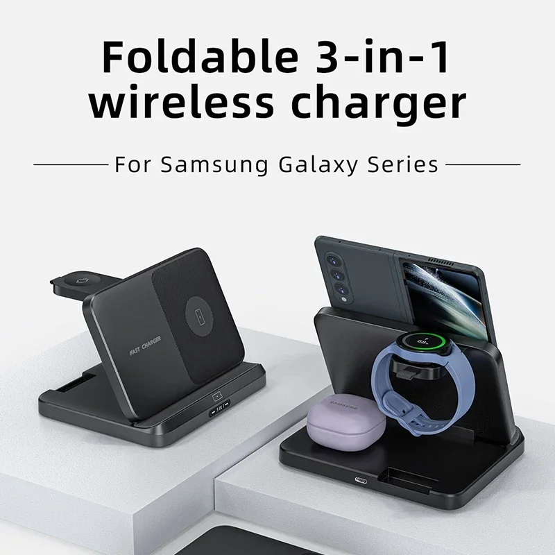 15W Foldable Wireless Charger 3 in 1 Station for Samsung Z Fold 3 Z Flip4 Qi Fast Wireless Charging for Galaxy Watch 6 EarBuds