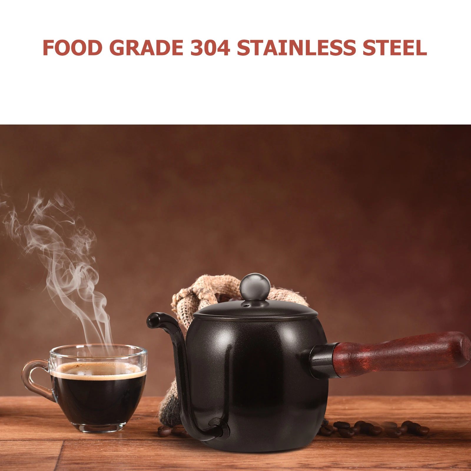 

1Pc Elegant Wooden Handle Coffee Kettle Long Mouth Design Stainless Steel Hand Brewing Pot Kitchen Accessory