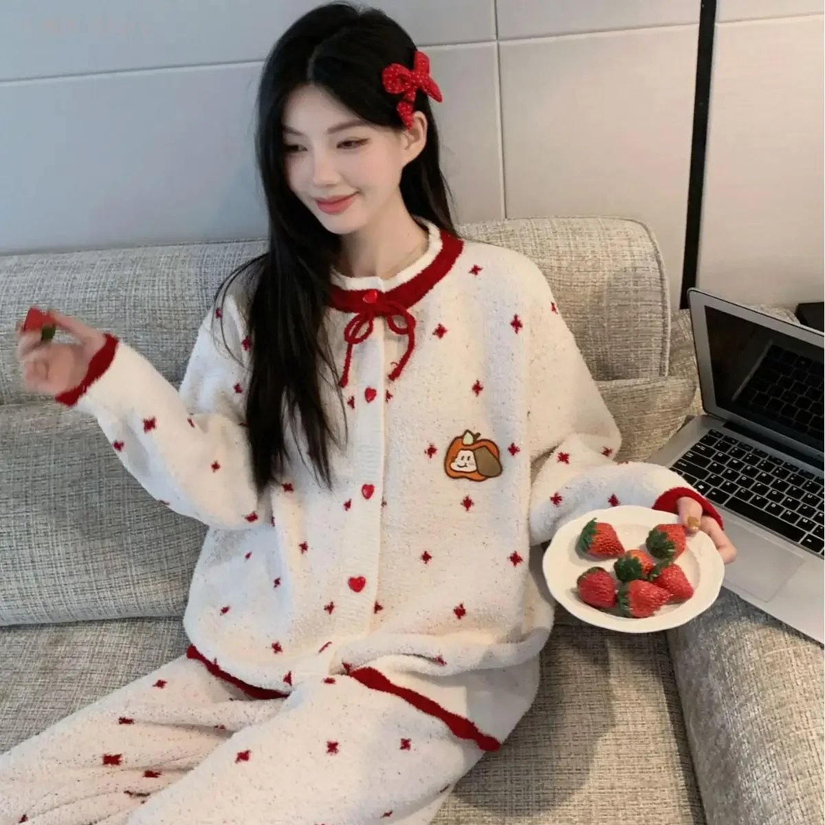 Cute Women Autumn Winter Fleece Pajama Set Versatile Wearable Outside Soft Warm Cozy Casual Home Loungewear Sleepwear 2pcs Set