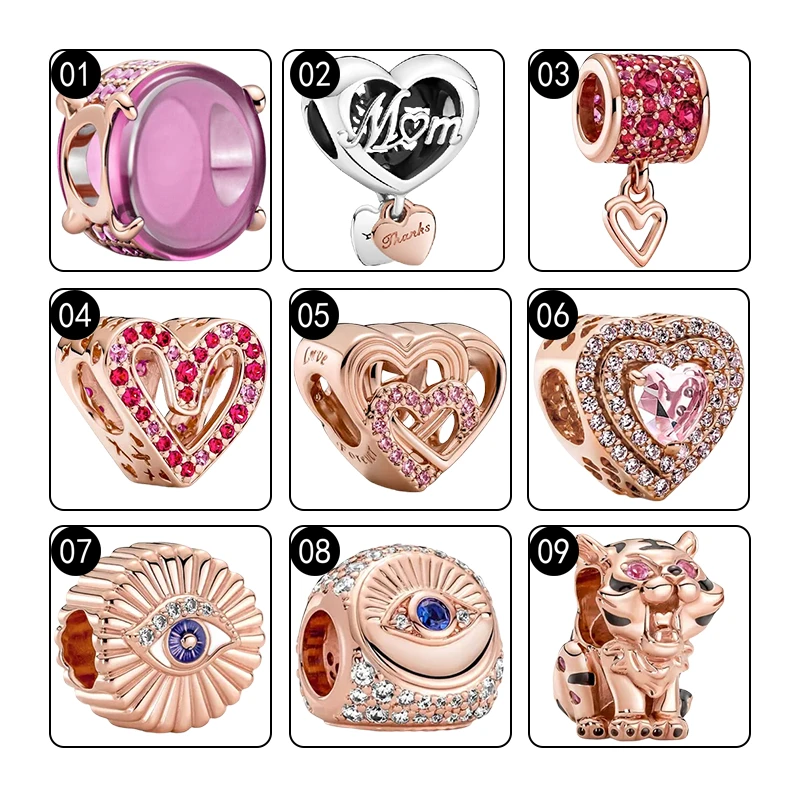 Rose Gold Charms Beads For Bracelets Women DIY Cabochon Mum Love Heart All-Seeing Eye Feather Tiger Silver 925 Jewelry Making