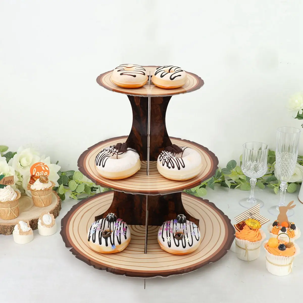 Wooden Cupcake Stand Birthday Party Decor 3-Tiers Cake Stand Display Candy Cupcake Desserts Holder Kids Baby Shower Party Decor