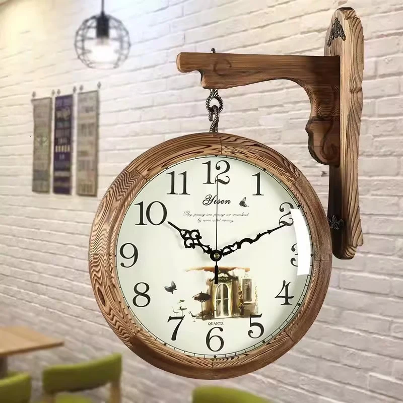 Wooden Wall Clocks Two Sided Living Room Wall Clock Nordic Retro Corridor Silent Clock Elegant Luxury Decorative Quartz Clocks