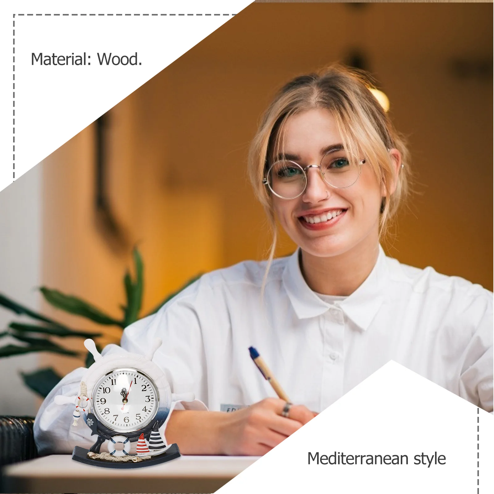 

1Pcs Mediterranean Style Wooden Desk Clock Creative Rudder Shape Silent Mute Home Decorative Table Clock Living Room Ornament