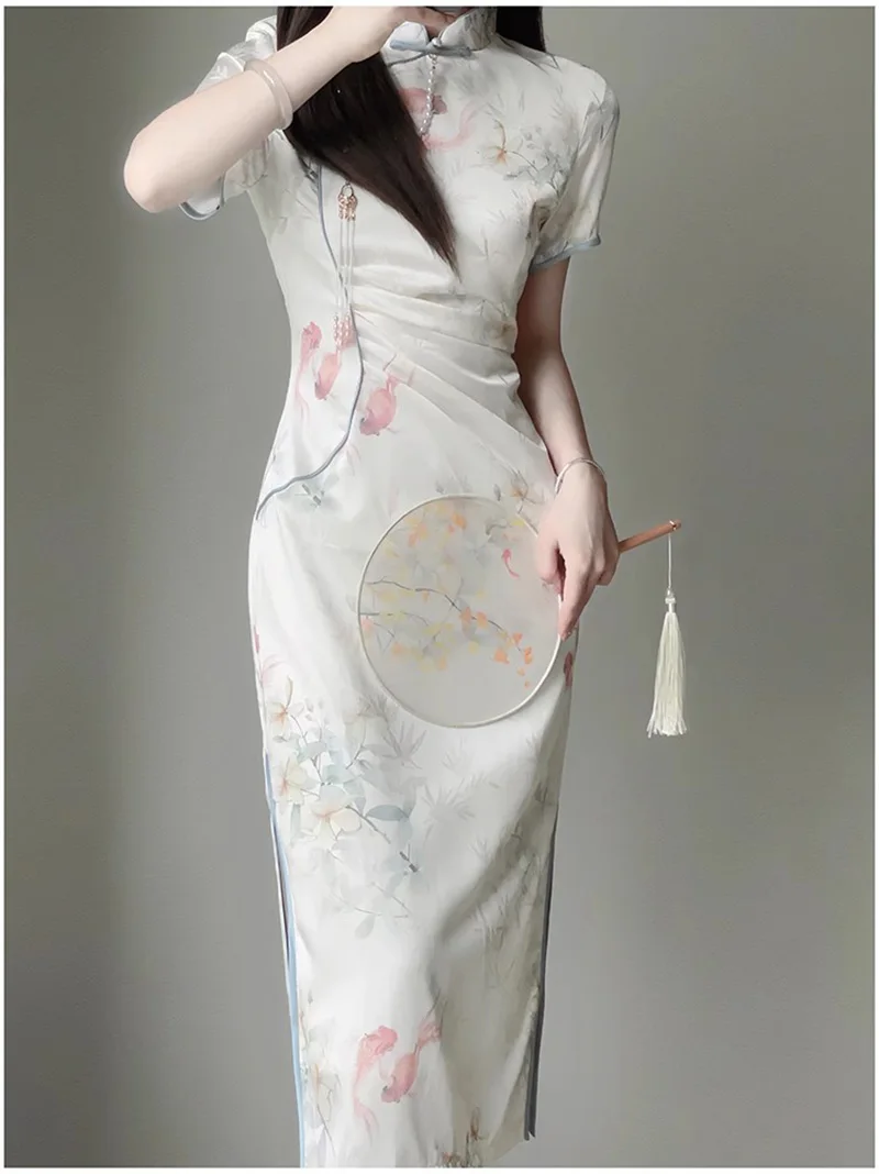 Women Sweet Beige Cheongsam Chinese Style Female Long Dress Vintage Slim Qipao Short Sleeve Evening Dresses for Summer S2590