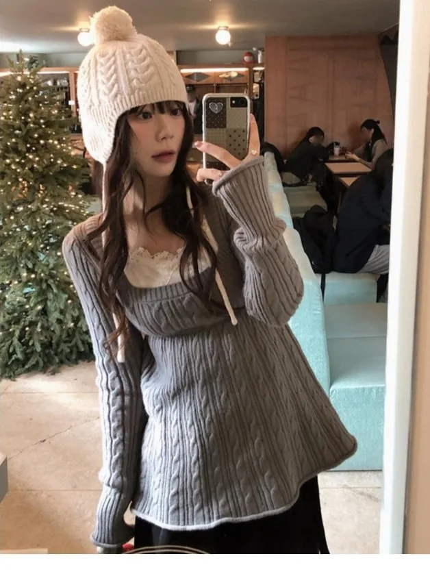 Faionable Winter Strickwaren Damen Slim Fit Long Sve Pullover Quadratischer Kragen Twist Design Koreanische Sle Polyesterfaser
