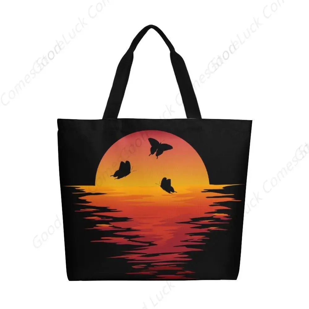 

Холщовая большая сумка с бабочками и солнцем, большая женская повседневная сумка на плечо, многоразовая пляжная сумка для покупок, продуктовая сумка для улицы