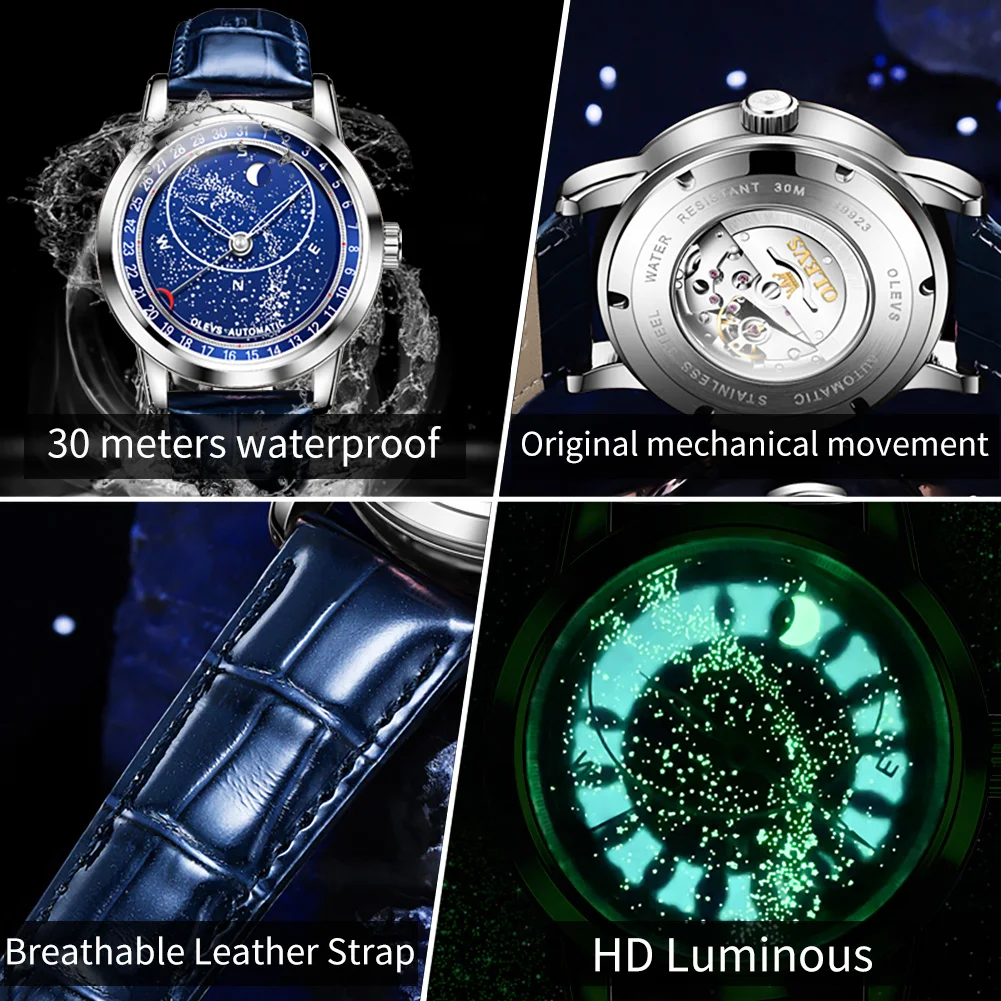 OLEVS 9923 Top Brand Men\'s Watches Personalized Fashion Automatic Mechanical Watch for Man Luminous Rotating Starry Sky Dial