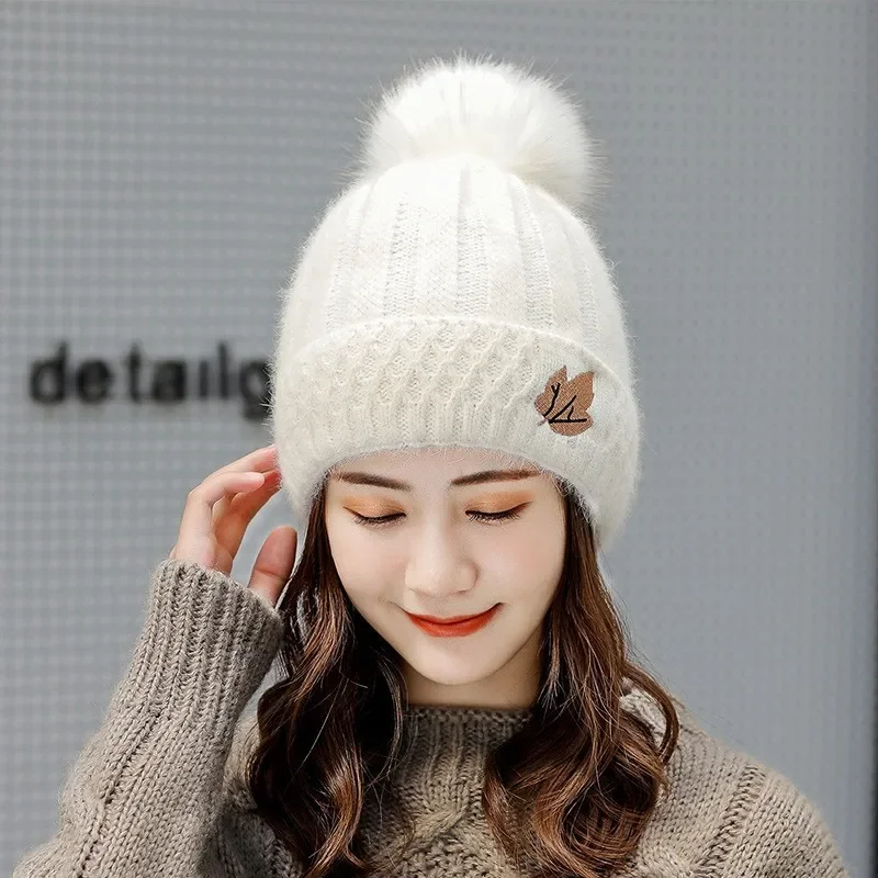 New winter thickened warm wool lined knitted hat for women soft large pom pom solid color beanie skull outdoor ski skate hat