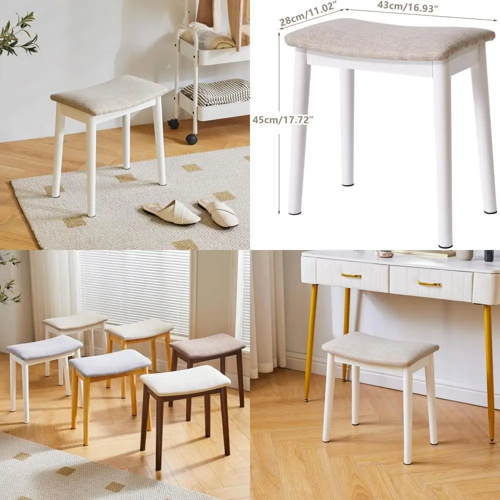 

Modern Upholstered Vanity Stool with Solid Wood Legs, White and Light Linen Seat, Ideal for Bedroom, Entryway, or Piano Area