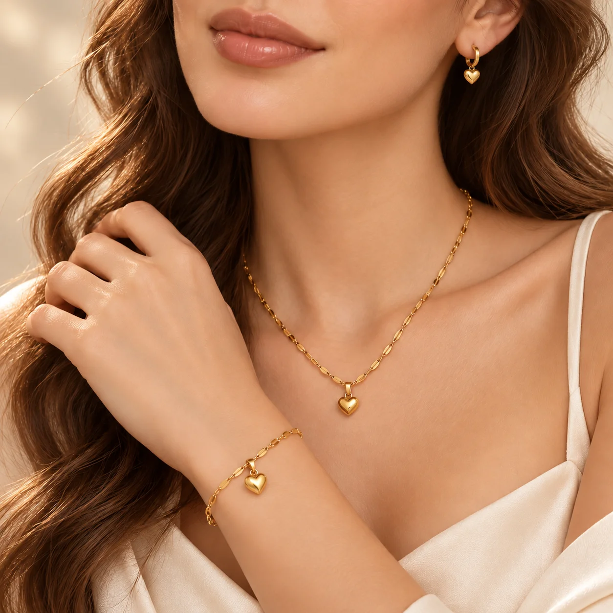 Women Stainless Steel Puffy Heart Jewelry Set Necklace Bracelet Huggie Hoop Earrings 3PCS Minimalist Fashion Gift