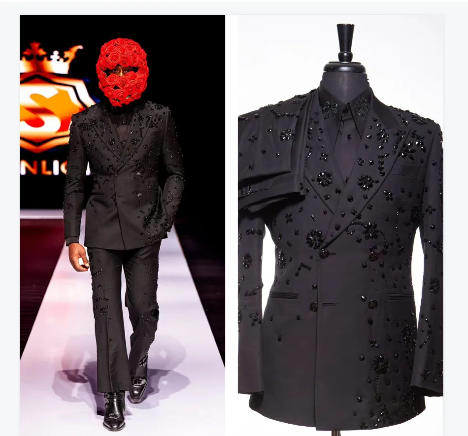 

Black Men Suit Set 2 Piece Blazer+Pants Trousers Luxury Crystal Cotton Customized Formal Office Jacket Groom Wedding Tuxedo Coat