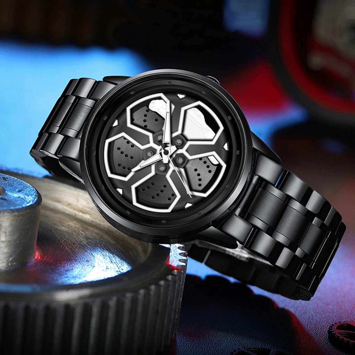 Original Wheel Rotating Men Watches Black Fashion Stainless Steel Strap Sports Man Clock 3Bar Quartz Movement Top Watch for Men image 5