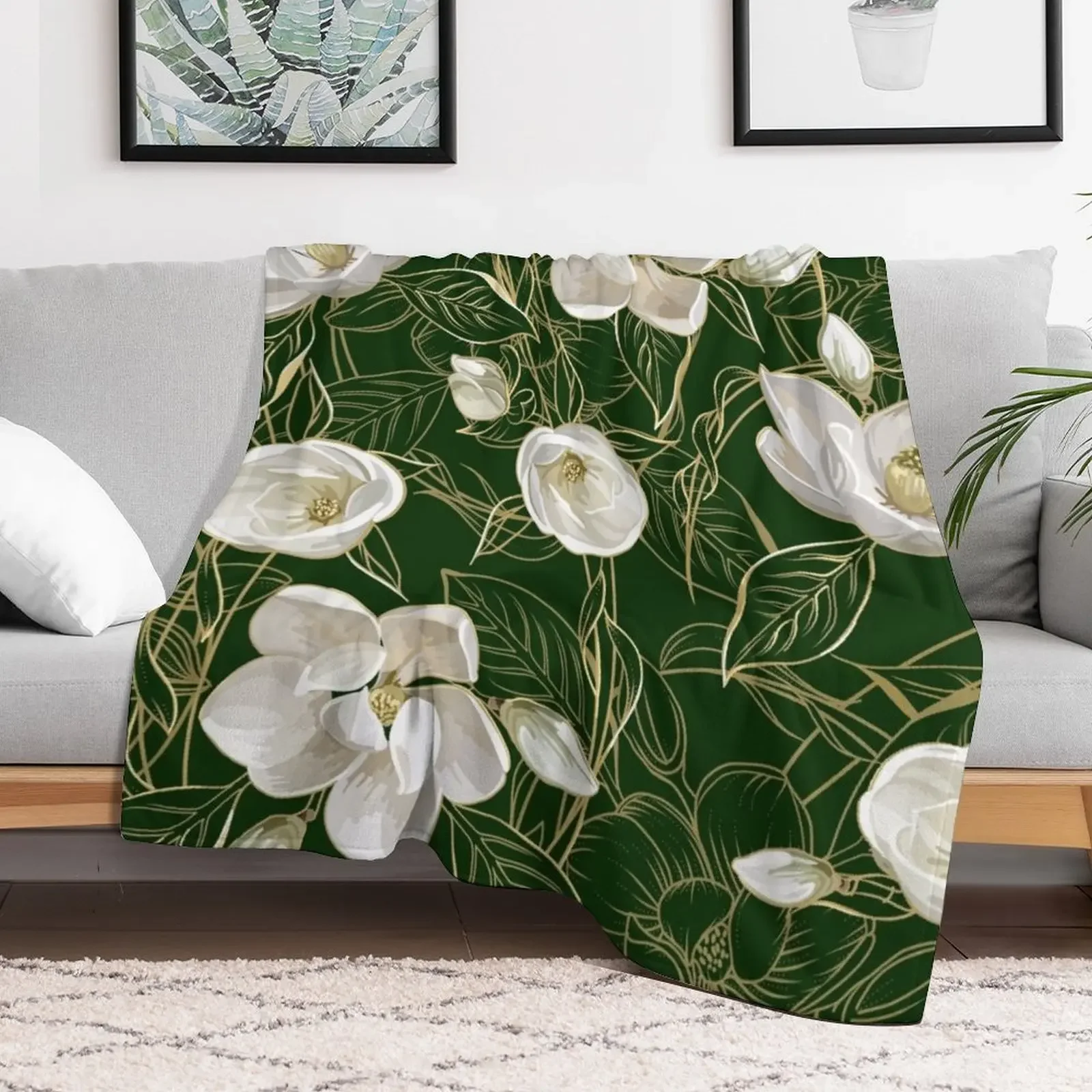 Modern Southern Magnolia Pattern on Deep Green Throw Blanket Sofa Thin Blankets