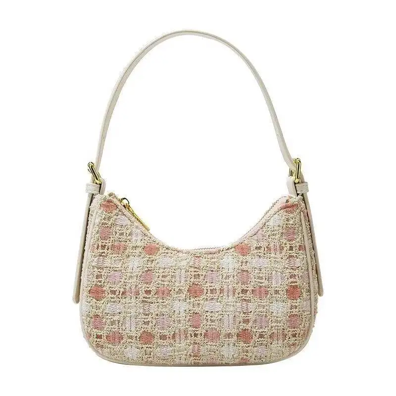 Sweet Pink Woven Crescent Underarm Bag Women Retro Color Block Shoulder Bags Ladies Elegant Fashion Casual Commute Handbag 2025