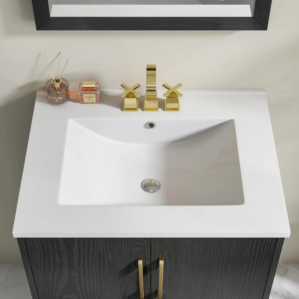 Mobile da bagno da 24 pollici completamente preassemblato con lavabo singolo da appoggio in ceramica, set di mobili da bagno con 2 ante a chiusura ammortizzata