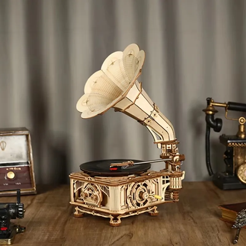 ได้รับการรับรองใหม่ยอดนิยม Handmade ประกอบปริศนาไม้ชุดของขวัญไม้คลาสสิก Gramophone ของเล่น