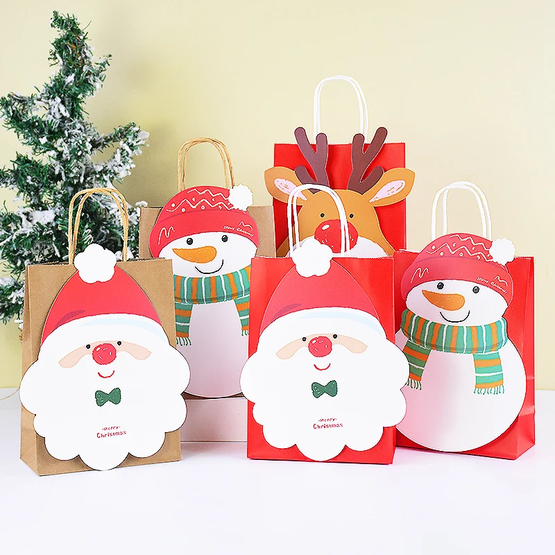 

Christmas Gift Bags With Handle Cartoon Santa Claus Snowman Elk Red Christmas Party Gift Bag Kraft Paper Bag Paper Craft Navidad