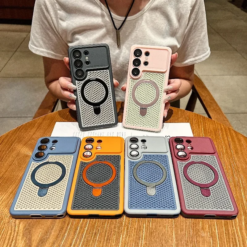 Luxury Armor Ventilated Magnetic Phone Case for Samsung Galaxy S26 S25 S24 Ultra for Magsafe Lens Protection Bracket TPU Cover