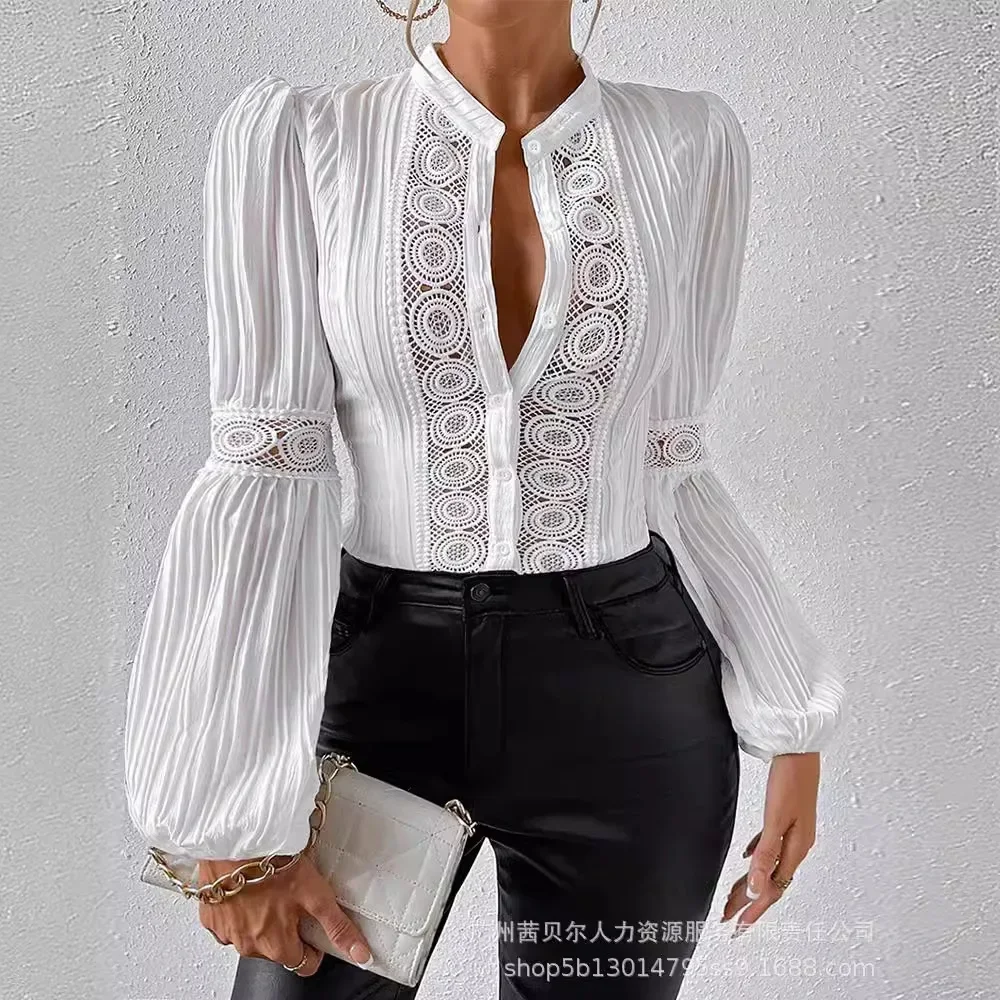 Elegants Bottom See Through Tshirt Top Lace Stitching Tops Women Summer White Sexy Long-Sleeved Shirt Tops