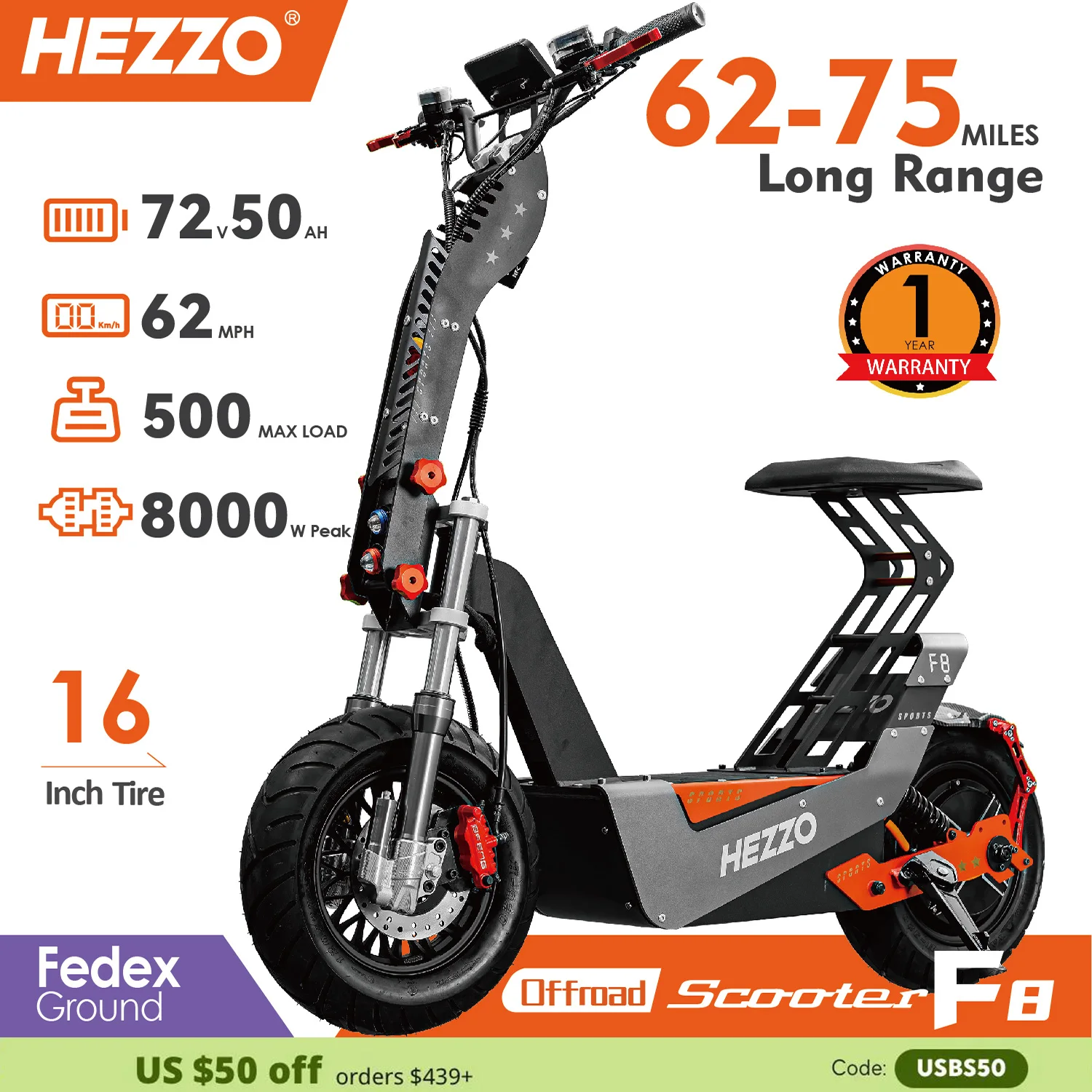 HEZZO F8 Electric Scooter 72v 8000W 100Km/h 50Ah Long Range Off Road Escooter 16Inch Foldable Motorbike With Seat US Warehouse