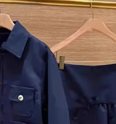 

Women's college style dark blue elegant two-piece suit lapel long-sleeved jacket or ruffled slim skirt