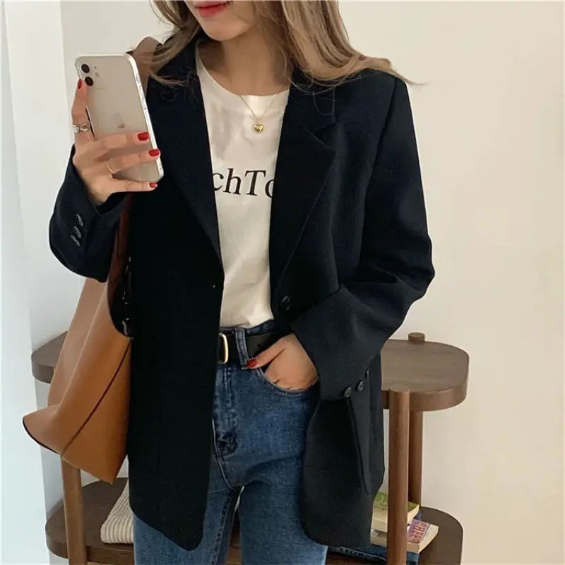 Colletto rovesciato primavera autunno tinta unita abbigliamento donna manica lunga Cardigan blazer stile Coatspreppy top Casual