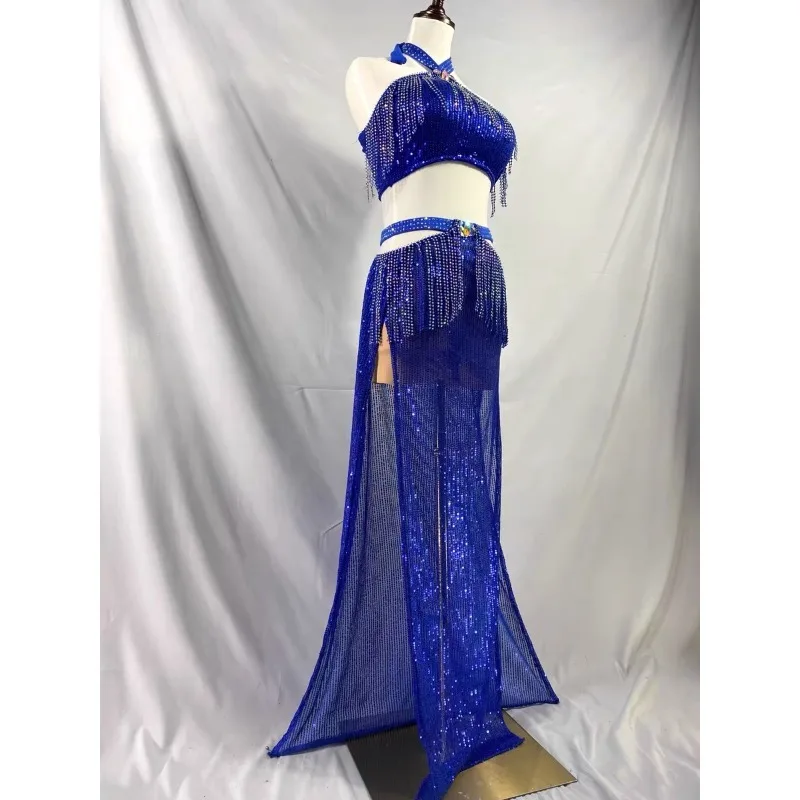 تخصيص الرقص الشرقي الياقوت الأزرق هامش صغير الترتر تنورة طويلة مجموعة الرقص الشرقي معلقة الرقبة كامل الماس حورية البحر زي