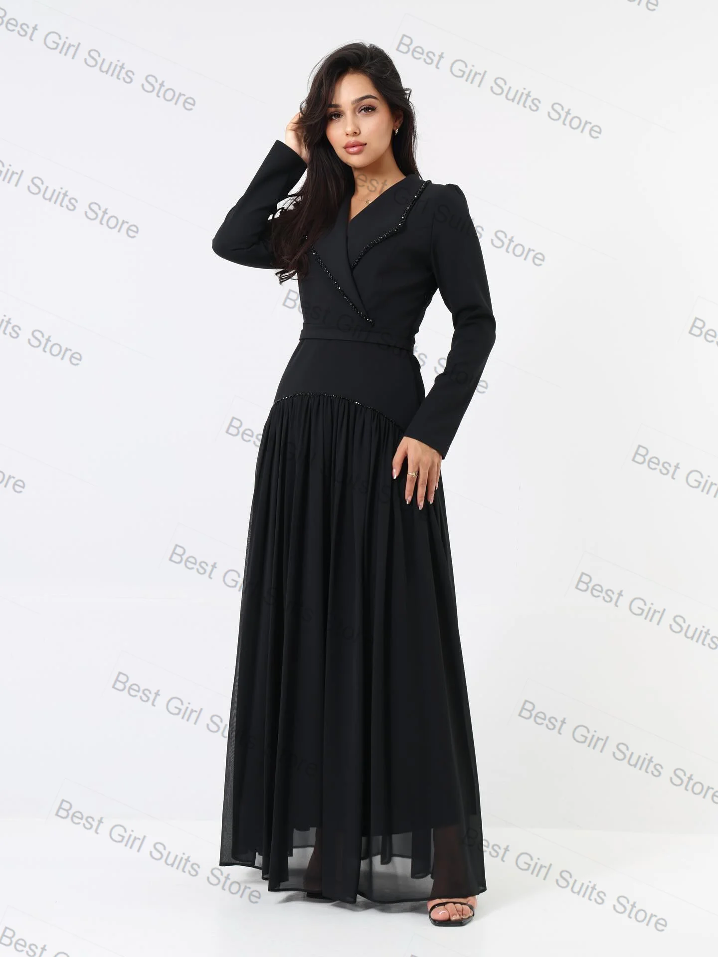 

Black Pearls Women Suit 1 Pcs Long Blazer Prom Dress Sexy V Neck Overcoat Formal Office Lady Jacket Customized Wedding Tuxedo