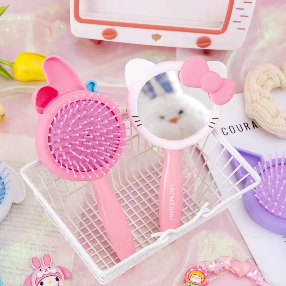 Kawaii Hello Kitty Mini Air Cushion Massage Comb Anime Sanrios Gitls Kuromi My Melody Cinnamoroll Portable Hand Makeup Mirror