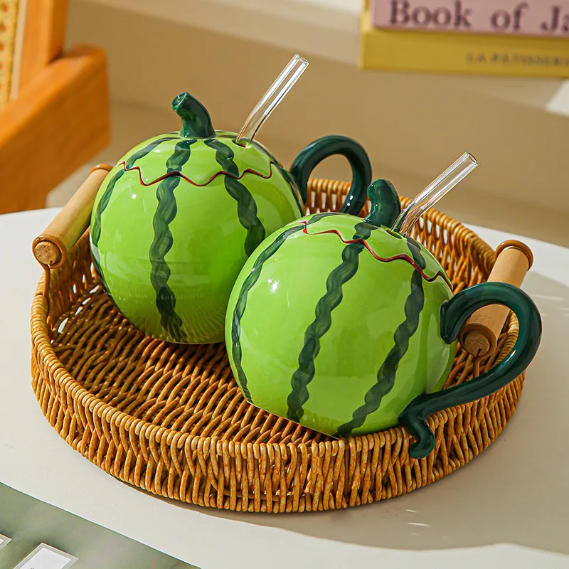 Creative Cute Watermelon Ceramic Straw Mug Original Design Personality Cup for Cold Drinks