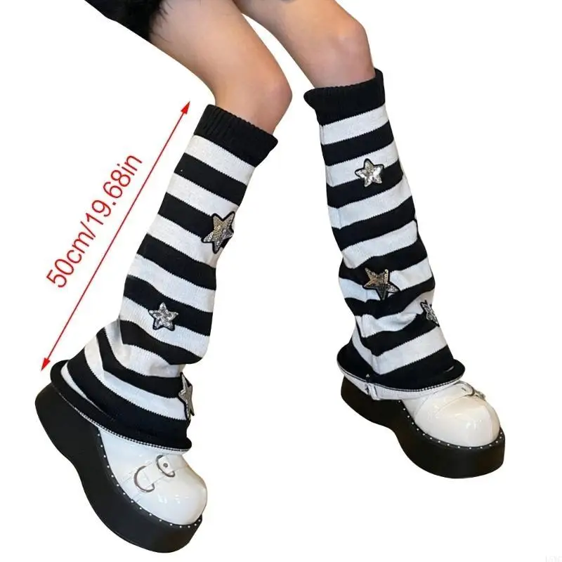 L5YC Women Knitted Leg Warmers Harajuku Warm Foot Cover-Star Striped Leg Warmers