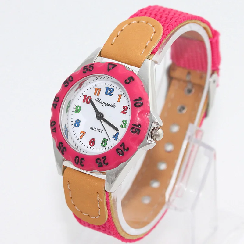 นาฬิกาควอตซ์เด็กหญิงเด็กชายสวยงามสำหรับเด็กสายรัดผ้าเวลานักเรียนนาฬิกาข้อมือหน้าปัดตัวเลขหลากสี kado ulang tahun