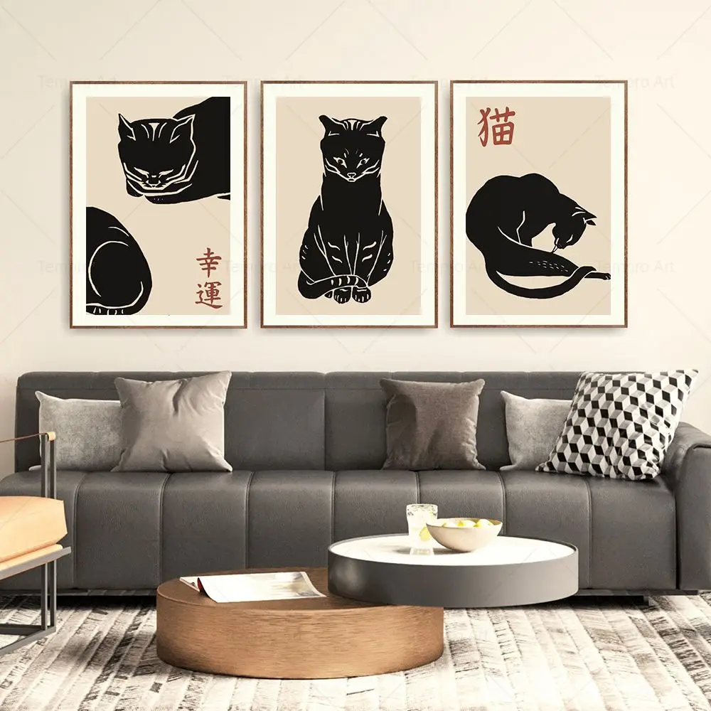 Vintage Matsumoto Hoji Poster Japan Black Cat Print Abstract Minimalist Animal Wall Art Canvas Painting Modern Living Room Decor