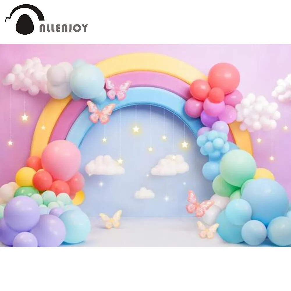 

Allenjoy Pastel Rainbow Dream Cake Smash Photography Backdrop Newborn Birthday Butterfly Balloons Background